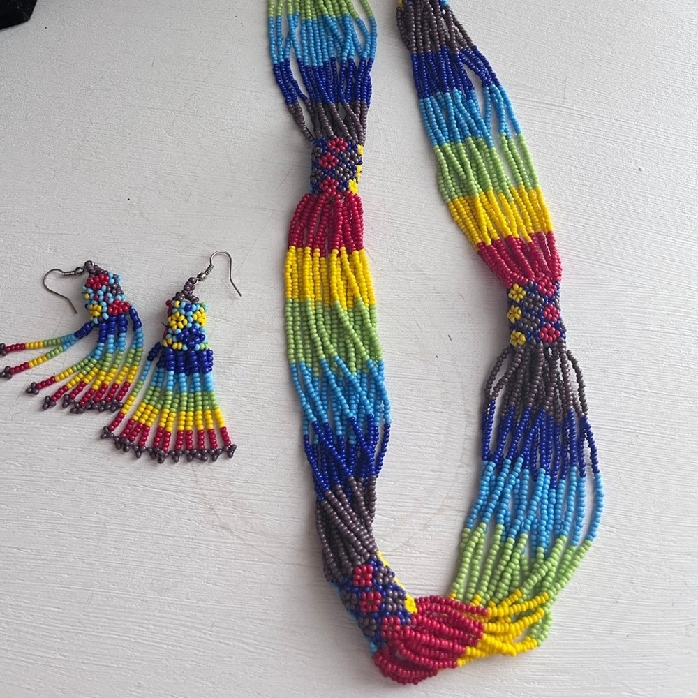 Colorful hand made Seed Beads necklace and earrings set